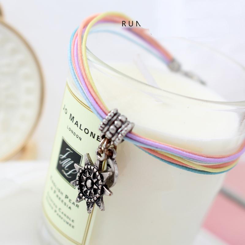 Изображение товара: Новейший винтажный античный серебряный браслет в виде Луны, яркий многослойный цветной эластичный веревочный браслет, подарок для женщин