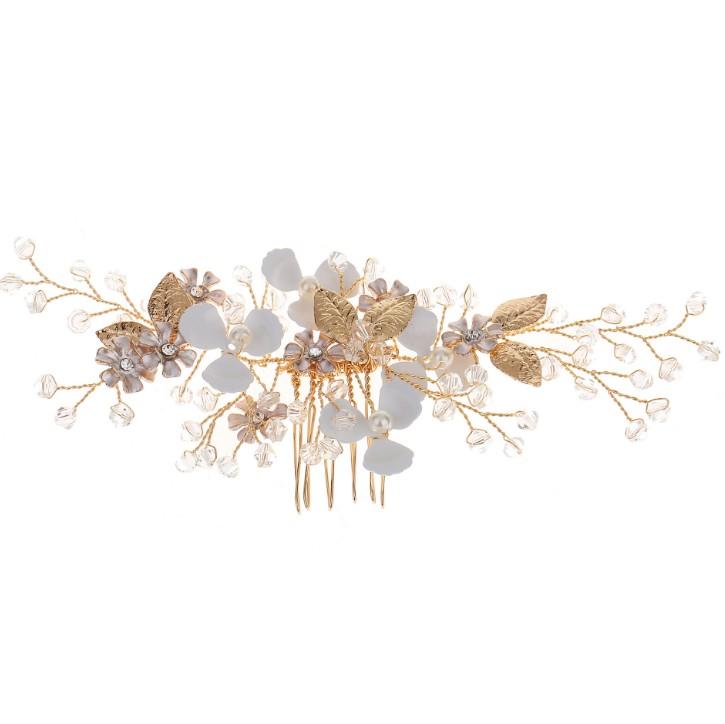Изображение товара: Женский гребень для волос с золотым и белым цветком и листьями, свадебный головной убор с кристаллами и жемчугом, ювелирные украшения для волос