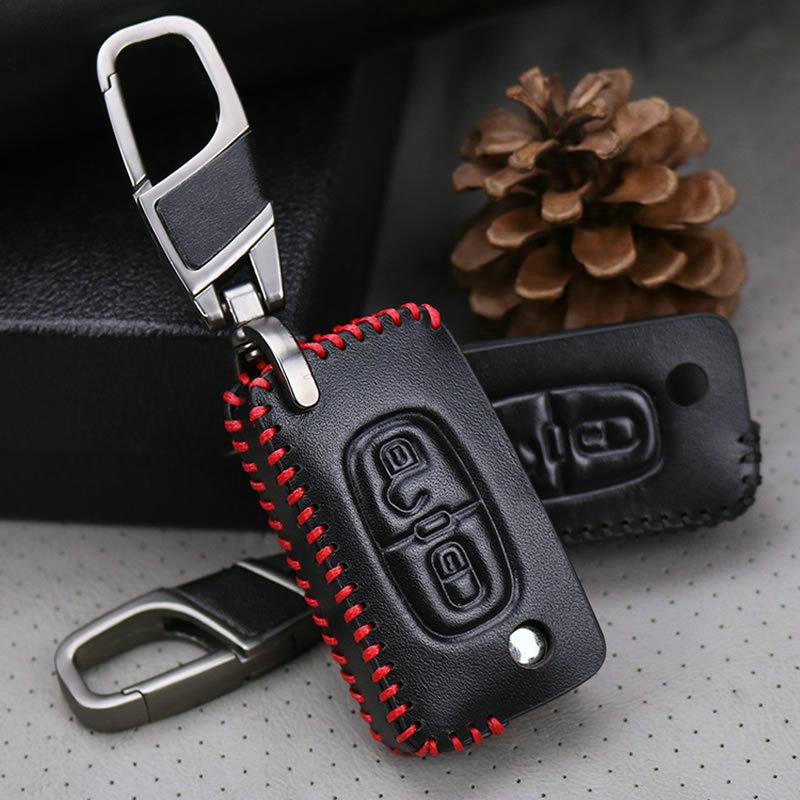 Изображение товара: Кожаный чехол для автомобильных ключей, чехол Крышка с Автомобильный брелок для ключей с держателем для Peugeot 107 207 307 308 407 607 807 для Citroen C2 C3 C4 C5 C6 C4L