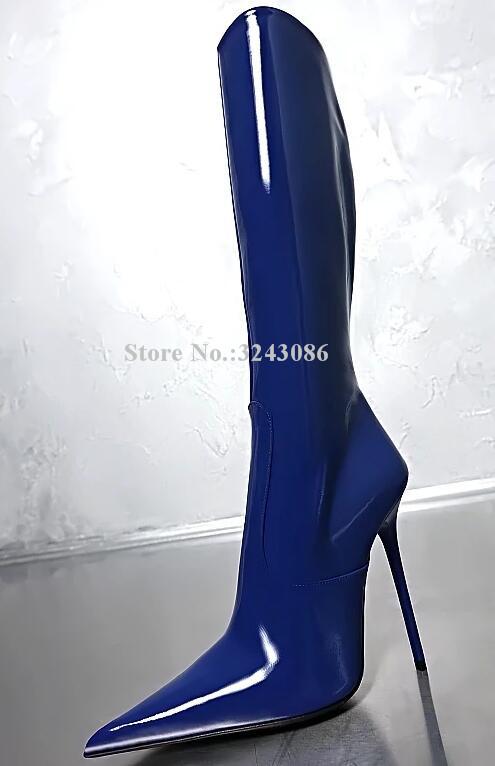 Изображение товара: Привлекательные сапоги до колена из лакированной кожи на очень тонком каблуке, женские длинные сапоги с острым носком, модная Женская Клубная обувь большого размера