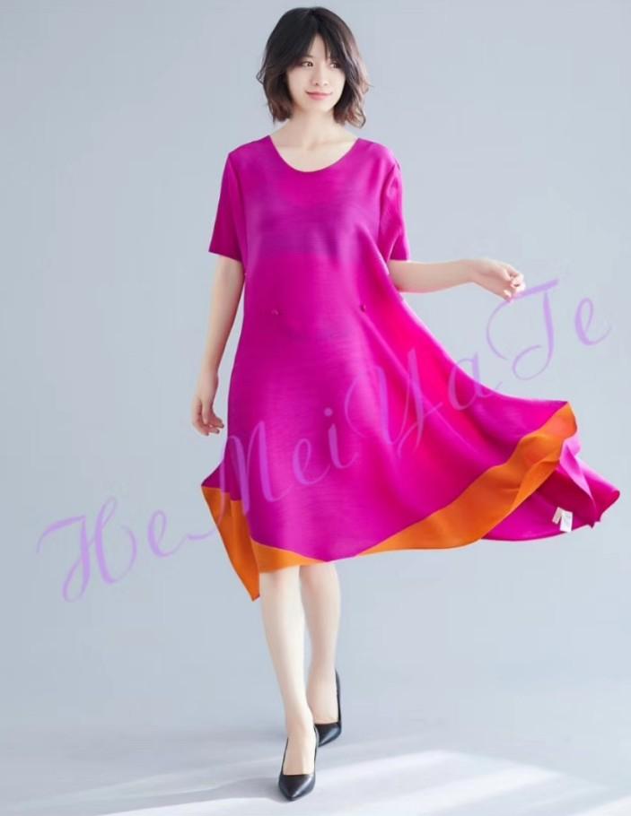 Изображение товара: Лидер продаж, лоскутное платье миаке с круглым вырезом и коротким рукавом, модное плиссированное платье трапециевидной формы на пуговицах