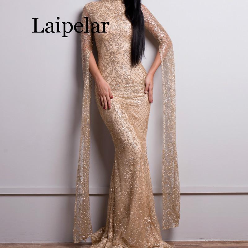 Изображение товара: Женское блестящее платье Laipelar с высоким воротом и длинным рукавом, элегантное вечернее платье с разрезом, 2019