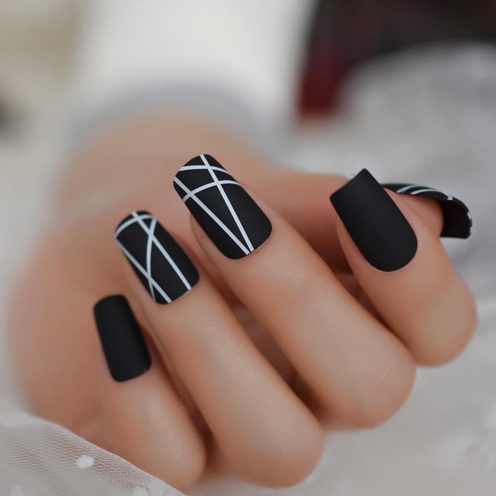 Изображение товара: Средние Длинные матовые простые искусственные ногти на плоской подошве черные дизайнерские искусственные ногти геометрические Белые Повседневные ногти 24CT