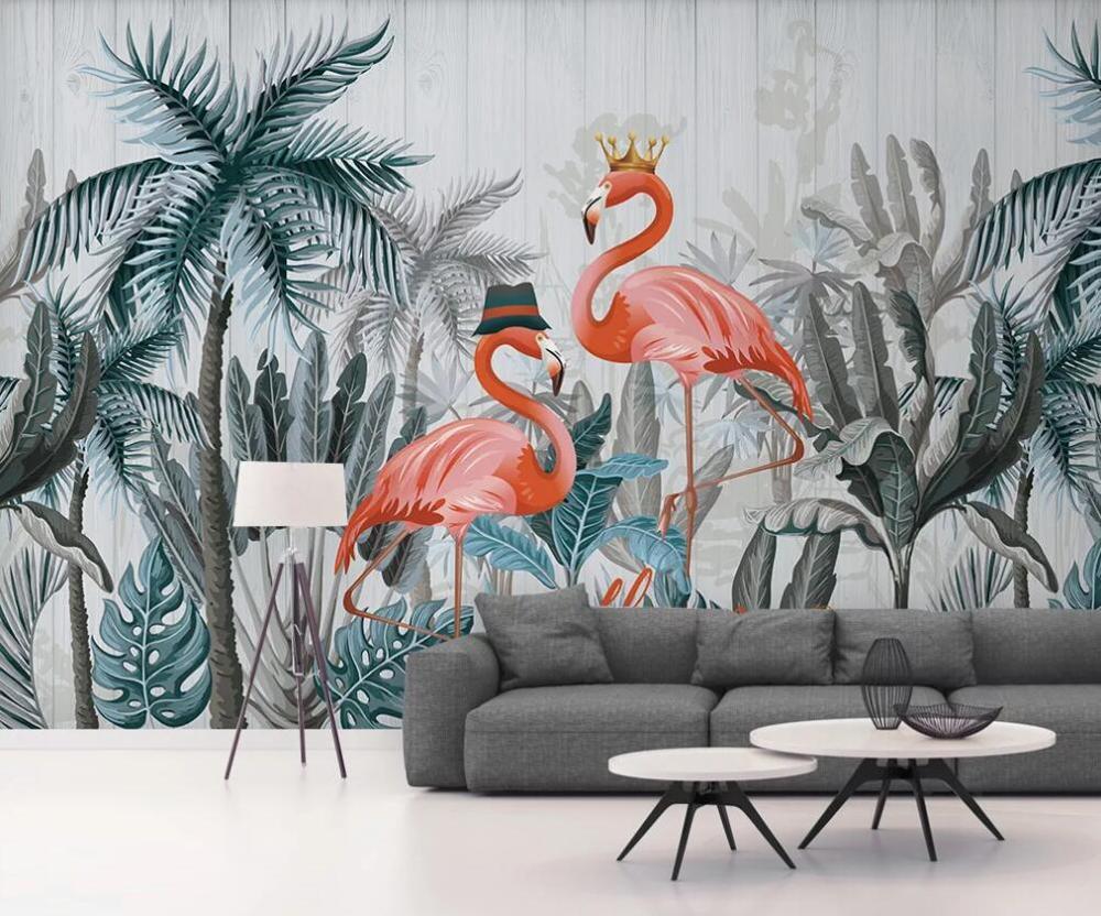 Изображение товара: Пользовательские 3D Настенные обои Скандинавское винтажное кокосовое дерево Фламинго фон настенная роспись