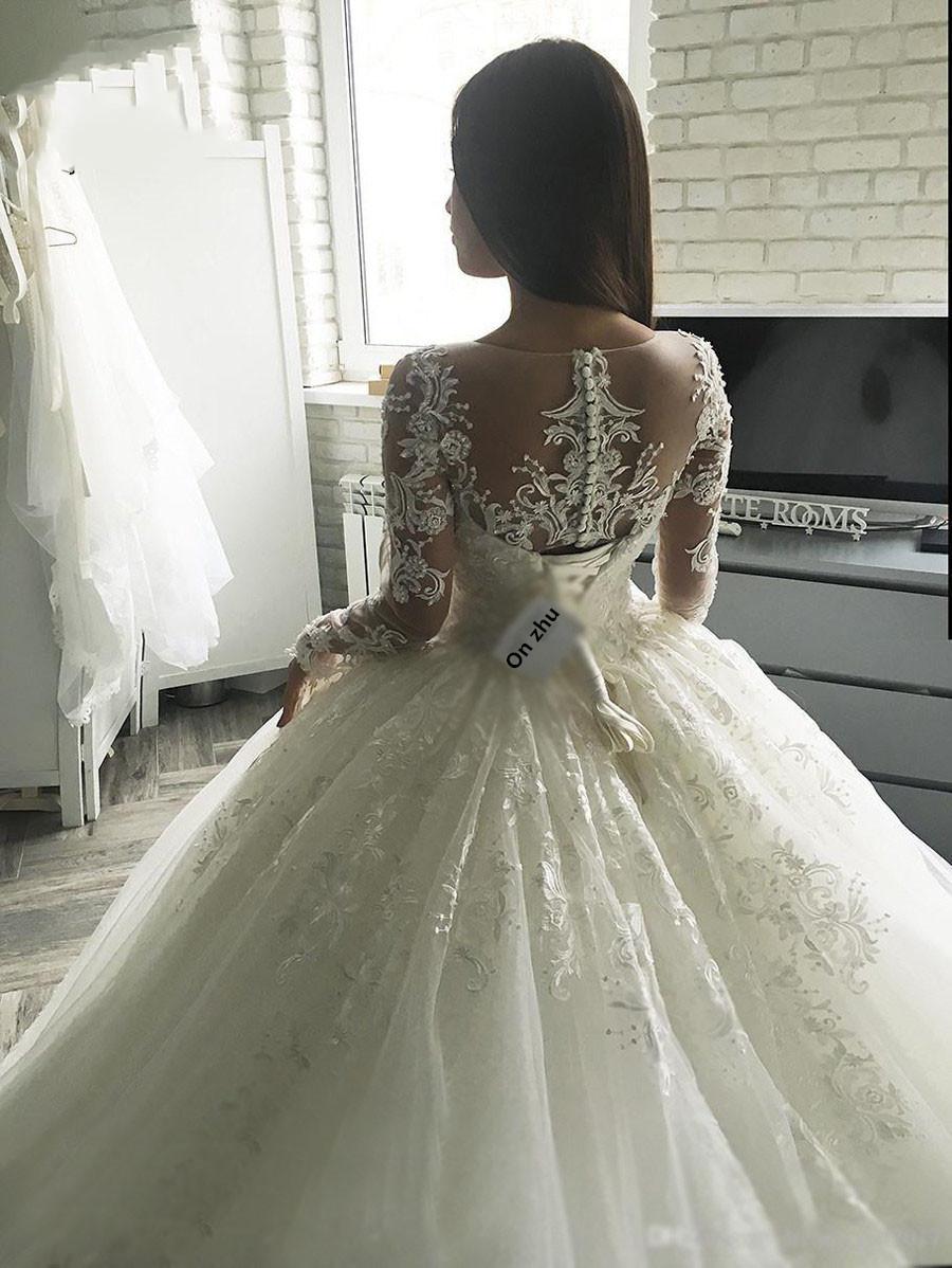 Изображение товара: Robe De Mariage 2019 кружевное бальное платье свадебное платье Свадебные платья с жемчугом v-образным вырезом с открытыми плечами Vestido De Noiva Casamento