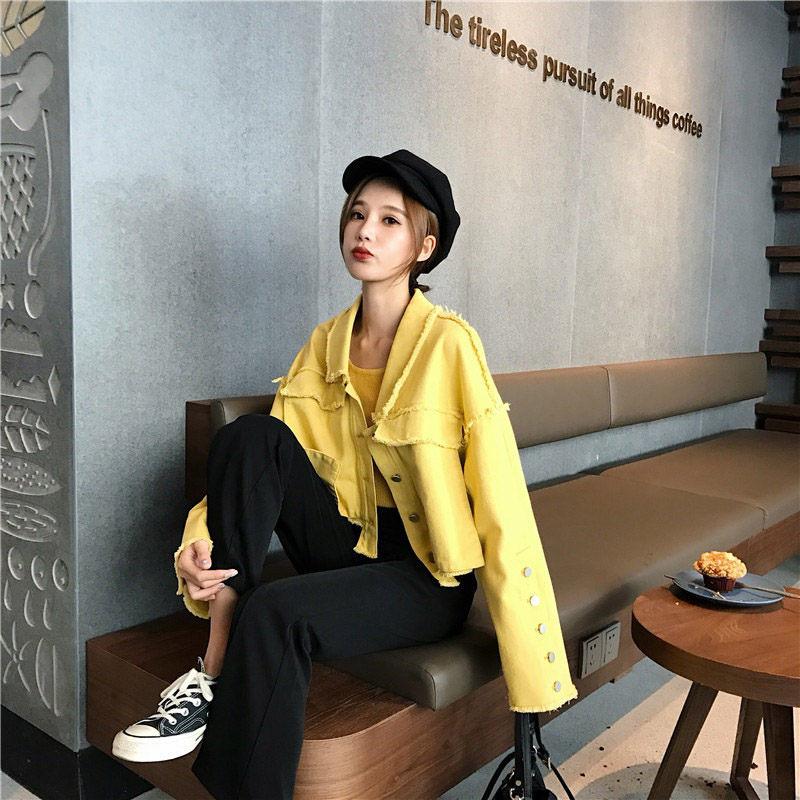 Изображение товара: Женская джинсовая куртка, желтая Повседневная однобортная куртка с бахромой в винтажном стиле Харадзюку, модель f1284 большого размера в Корейском стиле