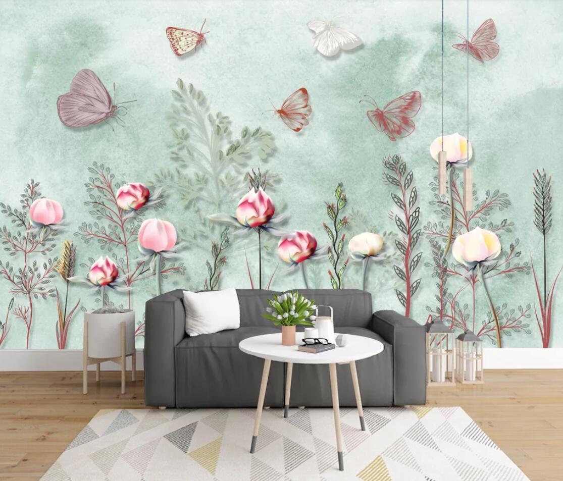 Изображение товара: Настенные бумажные фрески цветы бабочка зеленый фон настенная бумага для комнаты для девочек контактная бумага для улучшения дома настенная Обложка цветочный