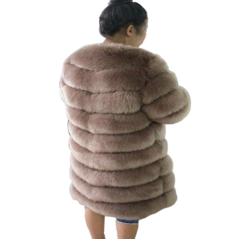 Изображение товара: Женское меховое пальто Savabien из искусственного меха, пушистая теплая верхняя одежда с рукавом 3/4, Осень-зима 2019, длинное меховое пальто, роскошная уличная одежда в английском стиле