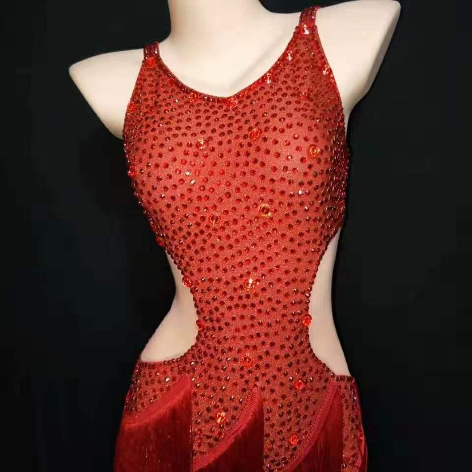 Изображение товара: Новинка, женское платье для латиноамериканских танцев, прозрачное платье с кристаллами и кисточками для выступлений, шоу, мероприятий
