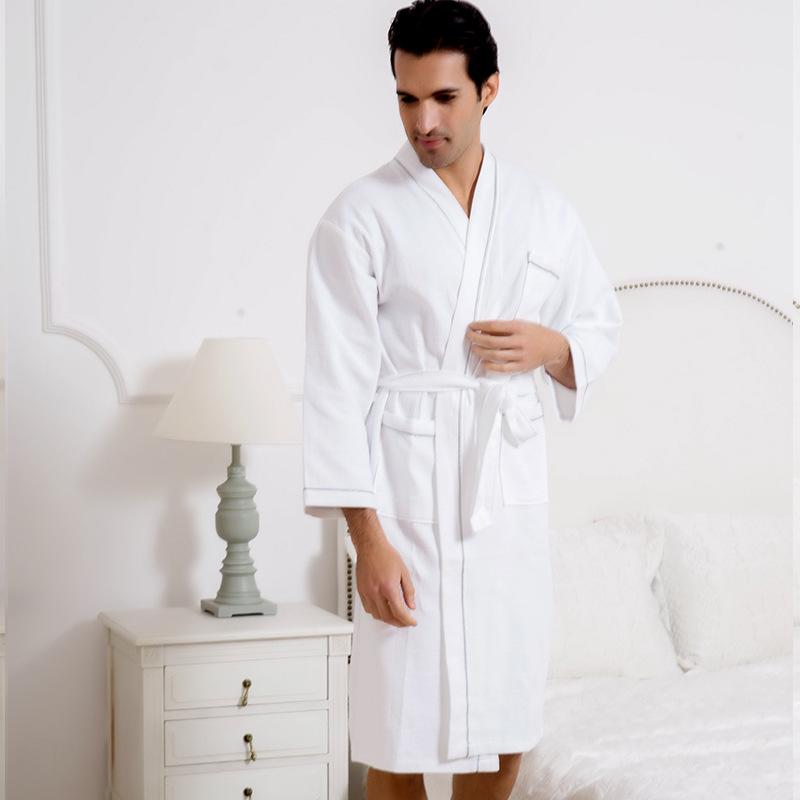 Изображение товара: Халат вафельный хлопковый для мужчин и женщин, универсальная ночная рубашка с длинным рукавом до колен и халат-кимоно, банный халат, на лето