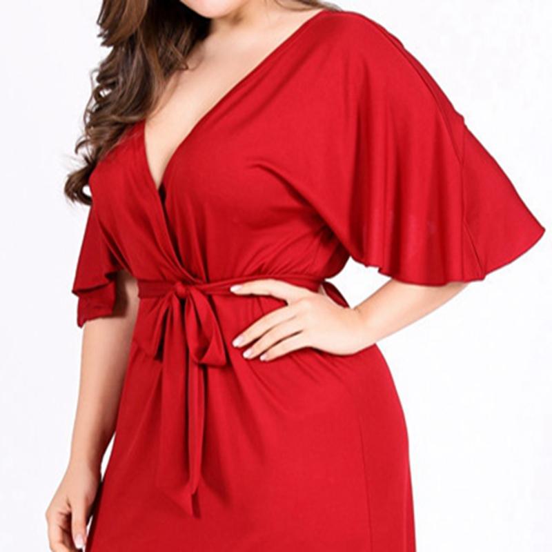 Изображение товара: Летнее Новое Красное Длинное сексуальное платье большого размера 3XL-7XL с глубоким v-образным вырезом и высокой талией, с коротким рукавом и поясом