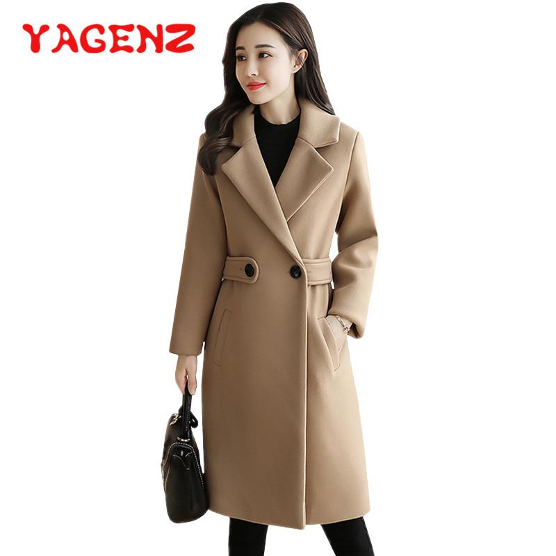 Изображение товара: Осеннее шерстяное длинное пальто YAGENZ, Женская куртка, повседневная двойная ветровка, шерстяное пальто, верхняя одежда, элегантное женское пальто с V-образным вырезом, 424