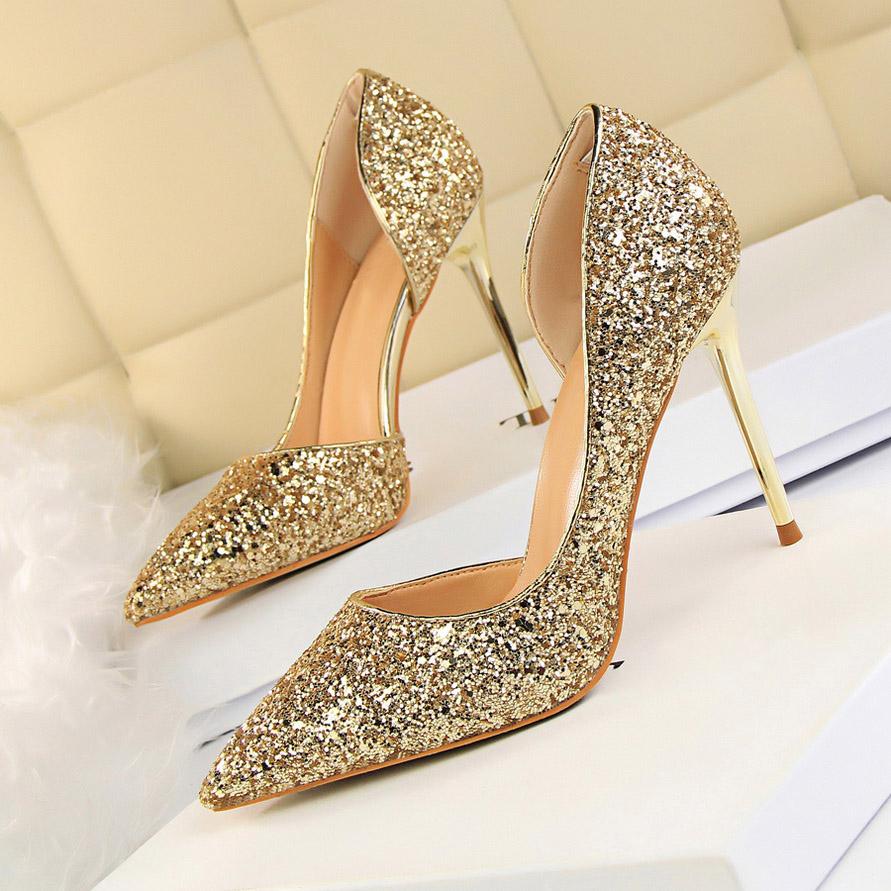 Изображение товара: Женские туфли-лодочки на шпильке 2022 см, серебристые туфли-лодочки с блестками, на высоком каблуке-шпильке, для свадьбы, выпускного вечера, большие размеры 43, 9,5
