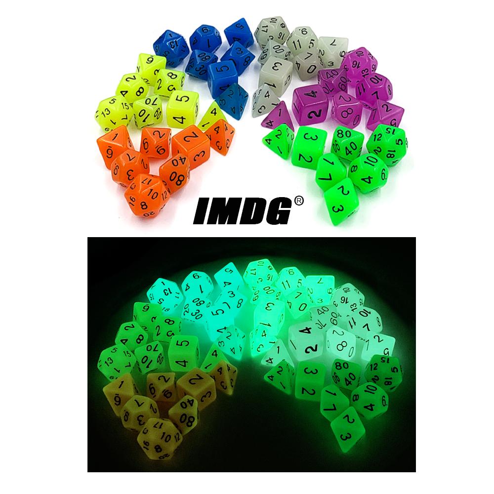Изображение товара: IMDG 7 шт./компл. многогранные RPG игровые кубики, Акриловые Кубики, DND светящиеся цифровые игровые кубики с сумкой