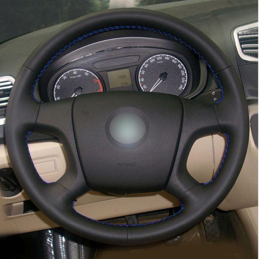 Изображение товара: Черная искусственная кожа Чехол рулевого колеса автомобиля, сделай сам, сшитая вручную, для Skoda Fabia 2005-2009, Octavia 2004-2009, Roomster 2006