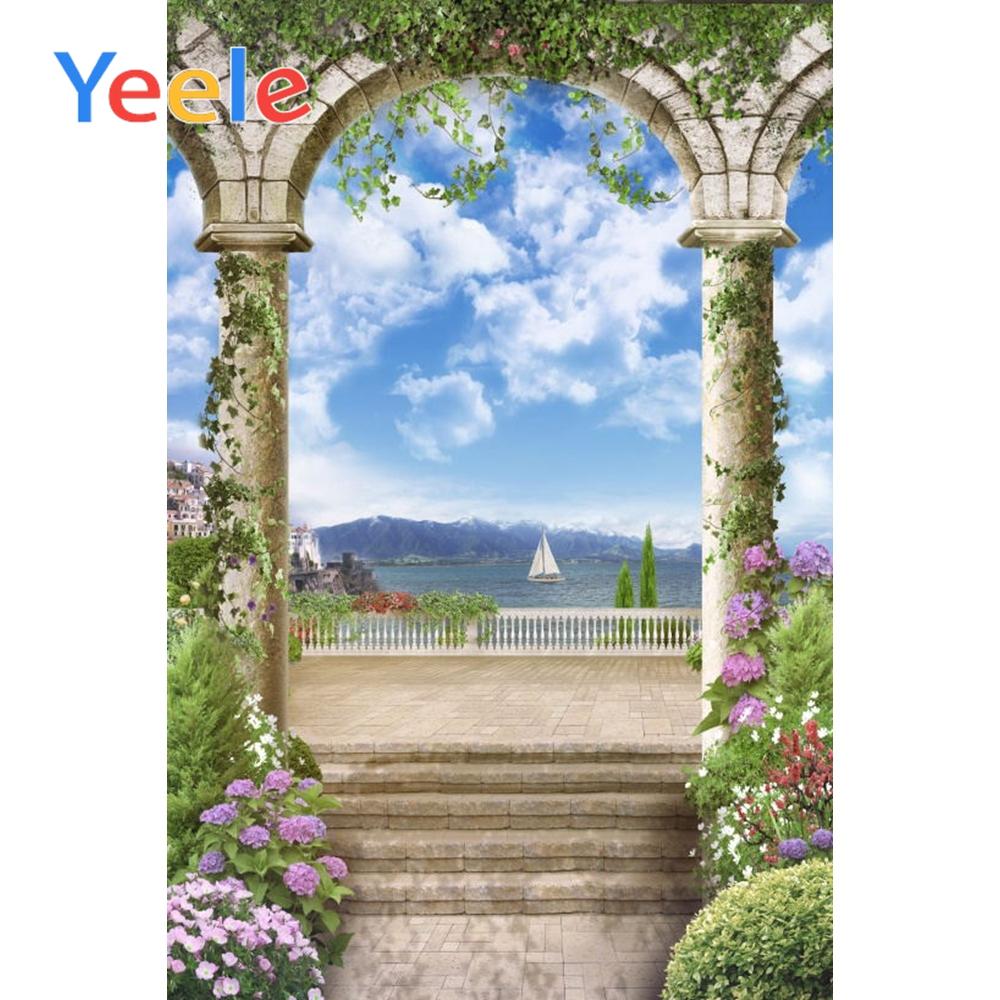 Изображение товара: Yeele фон природа старая дверь-арка лоза весенние цветы голубое небо горы море сцена Фото фоны фотосессия Фотостудия