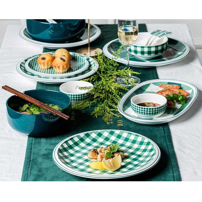 Изображение товара: Зеленые керамические тарелки, кухонная посуда, десертные тарелки, Салатница, ложка