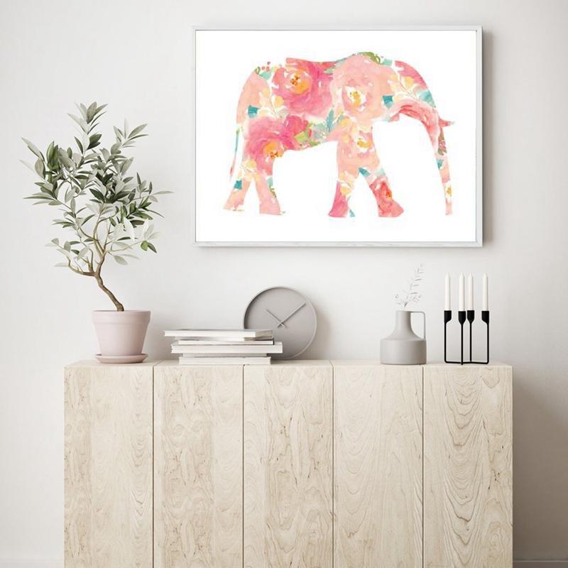 Изображение товара: Слон, цветочный акварель, Художественная Картина на холсте, детская Настенная картина, Декор, розовый слон, цветок, плакат, принты, украшение детской комнаты