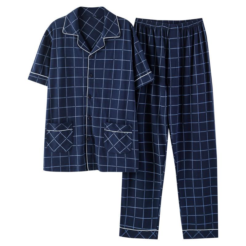 Изображение товара: Пижама мужская хлопковая в клетку, кардиган с коротким рукавом, Повседневная Свободная одежда для сна, комплект из двух предметов, на лето