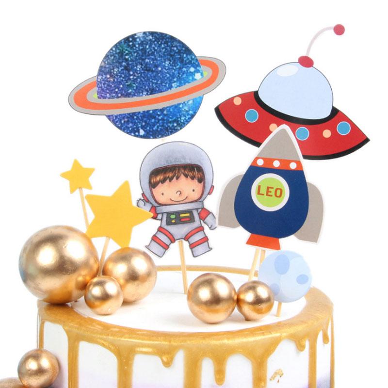 Изображение товара: Simple outer space astronaut rocket cake card light happy birthday cake decoration boy birthday party decoration supplies