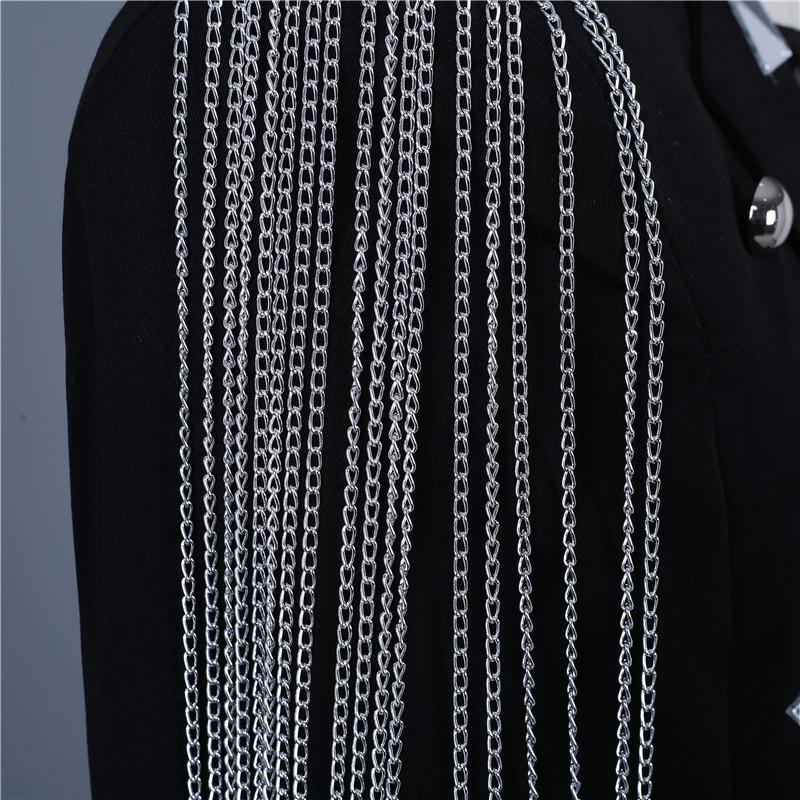 Изображение товара: Мужской новый серебристый эполет с заклепками, блейзер с цепочкой и зеркалом, костюм с линзами, костюм для сцены в стиле рок, модное черное пальто