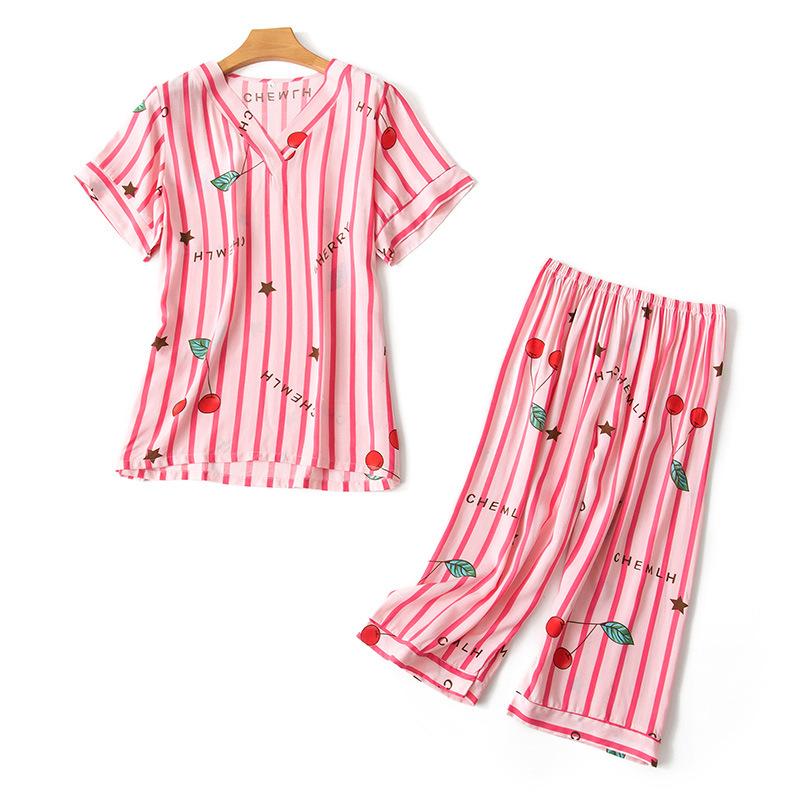 Изображение товара: Женские пижамы женские летние с коротким рукавом милые тонкие летние женские хлопковые шелковые пижамы из двух частей пижамные комплекты пижамы для женщин