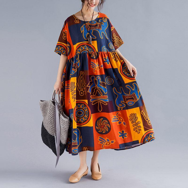 Изображение товара: Женское свободное платье из хлопка и льна, Повседневное платье большого размера с винтажным принтом и коротким рукавом, модель f1290 на лето