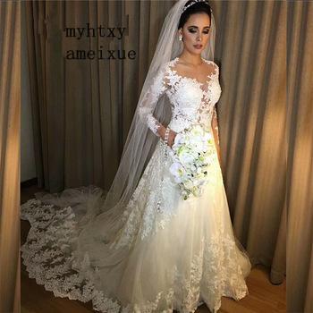 Изображение товара: Кружевное свадебное платье-трапеция, соблазнительное платье с прозрачной спинкой и длинными рукавами, свадебное платье, 2022