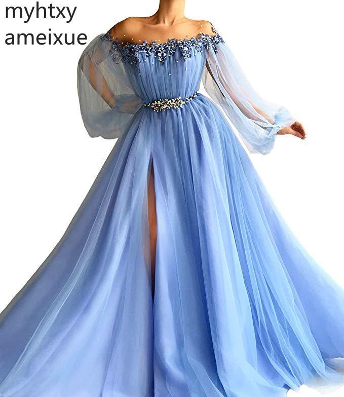 Изображение товара: Женское вечернее платье с вырезом лодочкой, синее платье из мягкого тюля с длинным рукавом, вырезом лодочкой и кристаллами, платье для выпусквечерние вечера