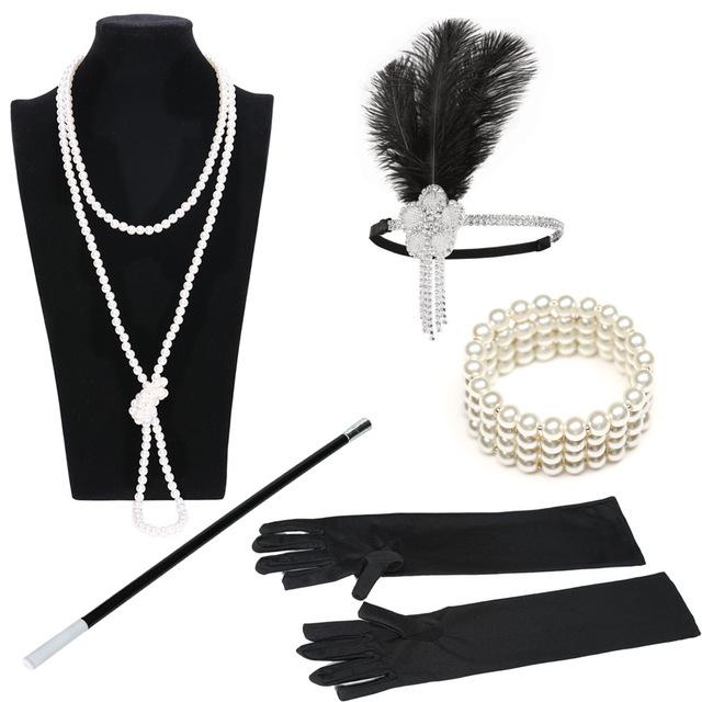 Изображение товара: Женская Хлопушка Gatsby, модные платья, аксессуары 20-х годов, искусственный наряд, перо, повязка на голову, жемчужное ожерелье, перчатки, сигарета