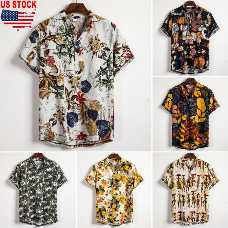 Изображение товара: Новинка 2019, стильная модная Мужская льняная рубашка с коротким рукавом, летняя Свободная Повседневная объемная рубашка с цветочным рисунком