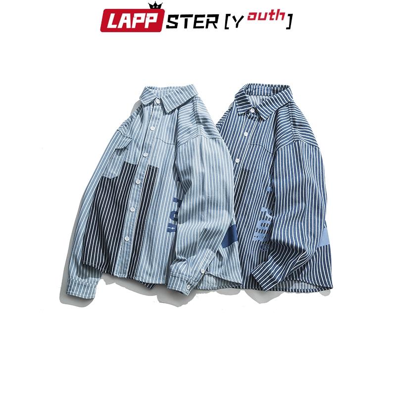 Изображение товара: Рубашка LAPPSTER Мужская джинсовая в полоску, уличная одежда в Корейском стиле, винтажная Повседневная дизайнерская синяя джинсовая рубашка в стиле Харадзюку, с длинным рукавом, 2022