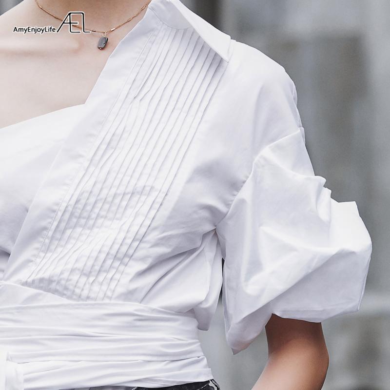 Изображение товара: Женская блузка на одно плечо AEL, белая плиссированная блузка с бантом, на лето, 2019