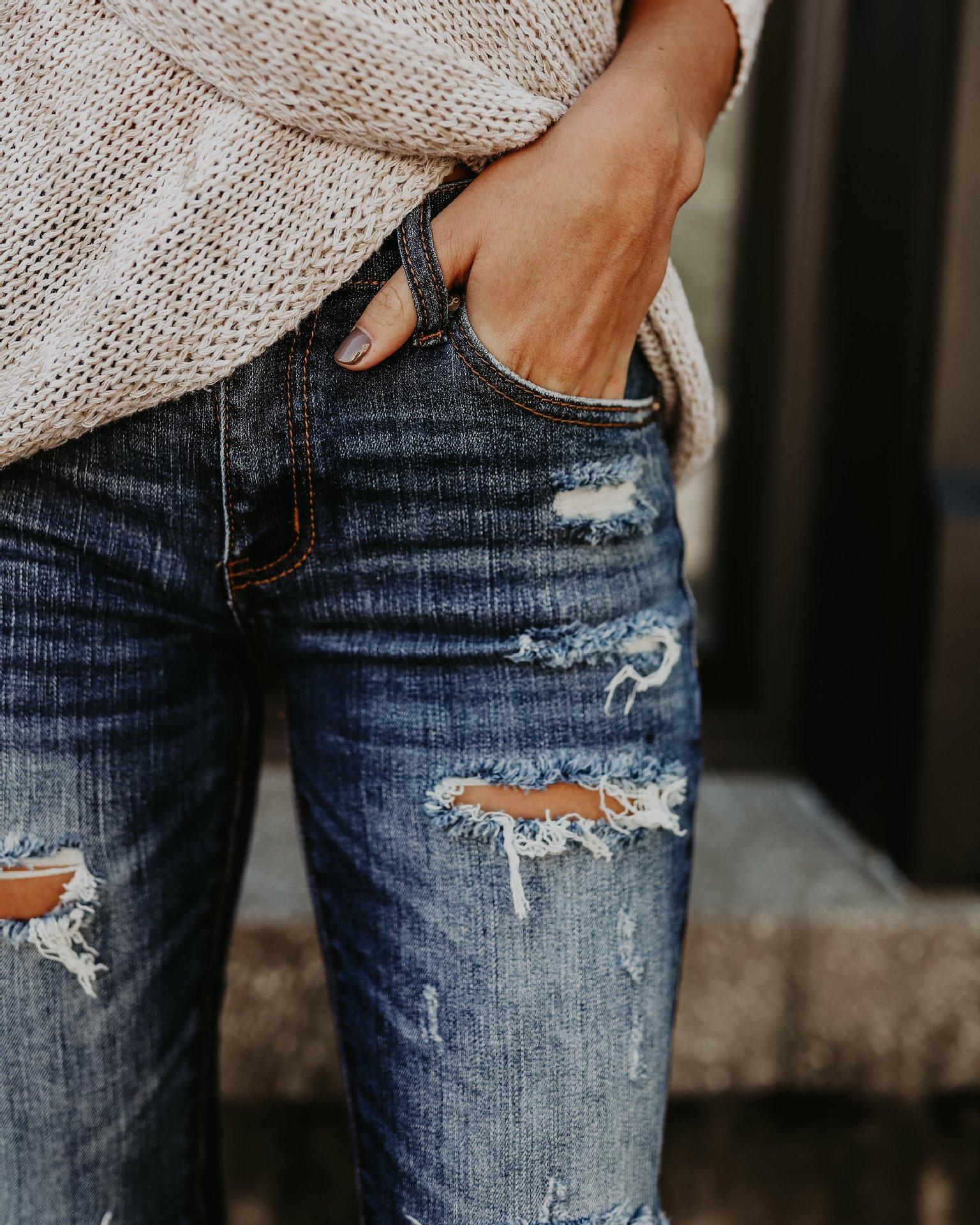 Изображение товара: Женские узкие рваные джинсы, синие эластичные брюки-карандаш с завышенной талией, повседневные брюки с дырками, весна-осень 2022