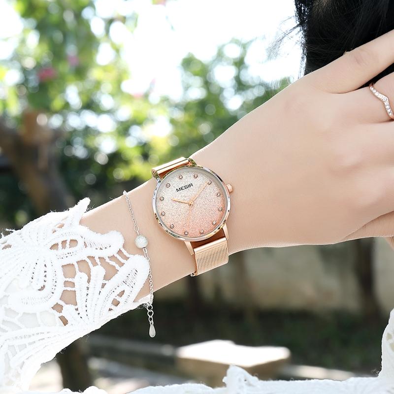 Изображение товара: Megir Роскошные блестящие звездное небо часы для женщин розовое золото часы Высокое качество нержавеющая сталь Часы Relogio Feminino Montre Femme