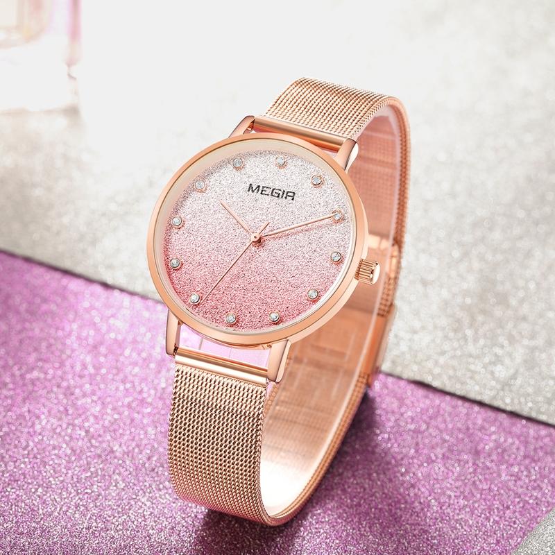 Изображение товара: Megir Роскошные блестящие звездное небо часы для женщин розовое золото часы Высокое качество нержавеющая сталь Часы Relogio Feminino Montre Femme