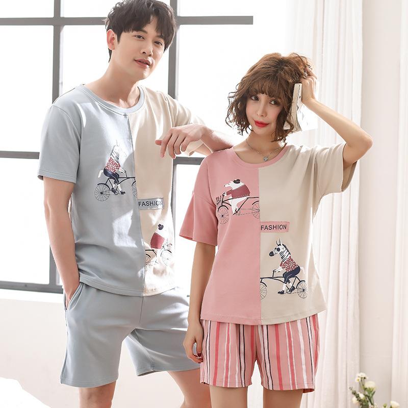 Изображение товара: Пижама женская/мужская хлопковая из двух предметов, удобная дышащая Пижама с шортами и коротким рукавом, корейский стиль, пижама для пар, на лето