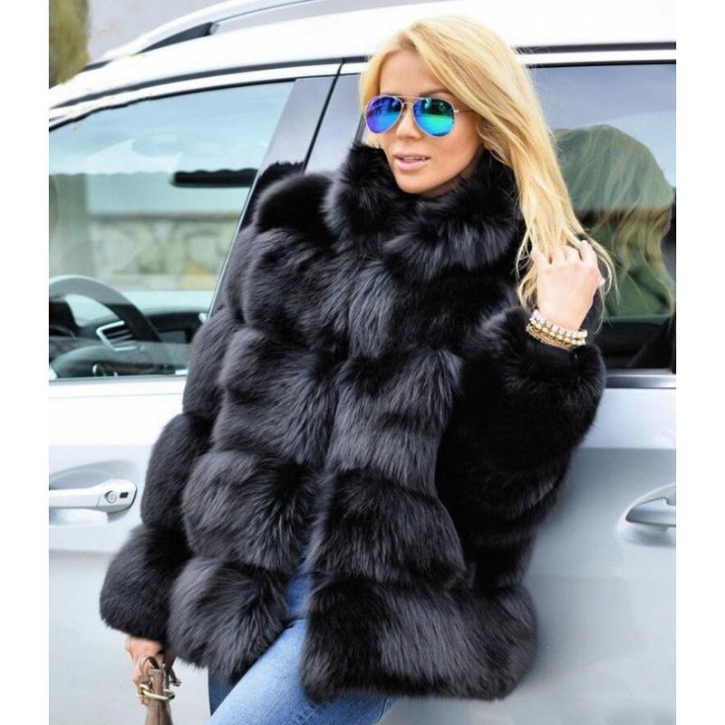 Изображение товара: Savabien 2019 Зимняя мода искусственный Лисий мех пальто для женщин с воротником-стойкой роскошные толстые теплые пушистые куртки и пальто из искусственного меха розовый мех