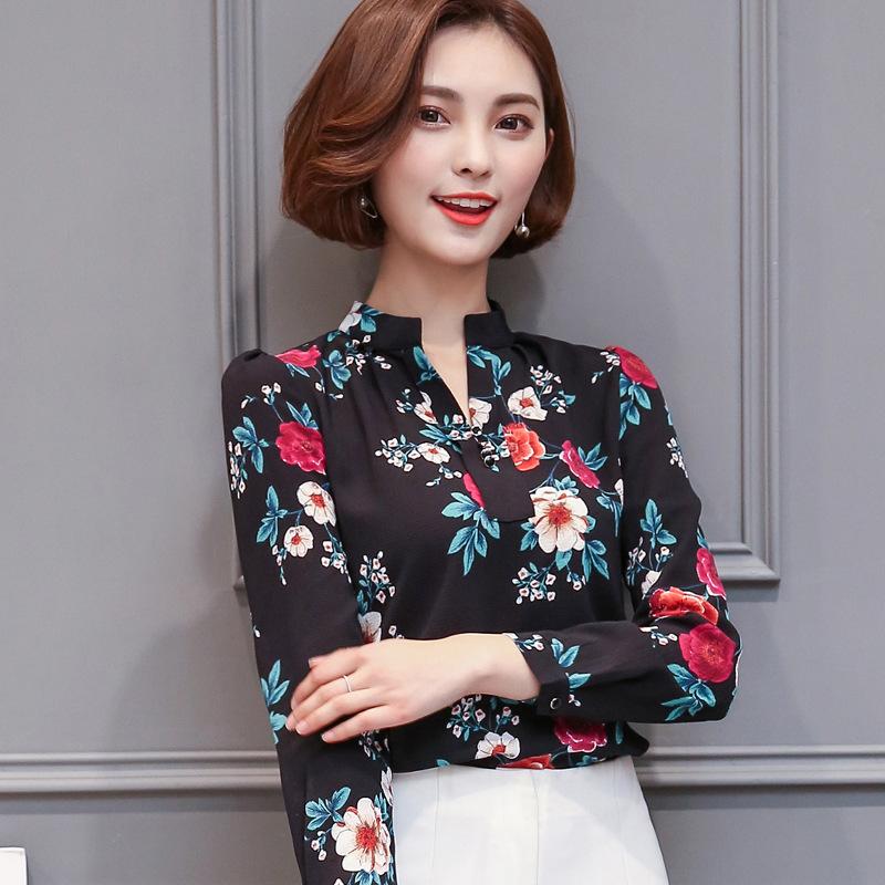 Изображение товара: Женская шифоновая рубашка с длинным рукавом, офисная блузка с V-образным вырезом и принтом, модель H9139 в Корейском стиле на весну и осень