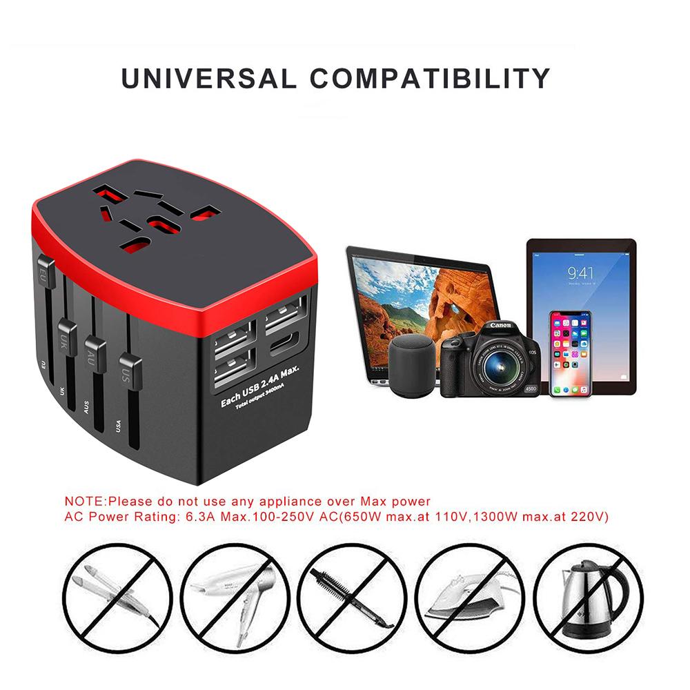 Изображение товара: Rdxone дорожный адаптер Международный универсальный адаптер питания все-в-одном с Type C 3 USB по всему миру настенное зарядное устройство для Великобритании/ЕС/Австралии/США