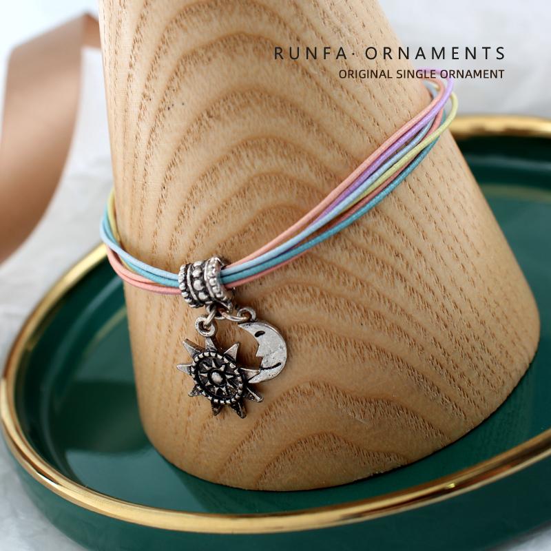 Изображение товара: Новейший винтажный античный серебряный браслет в виде Луны, яркий многослойный цветной эластичный веревочный браслет, подарок для женщин
