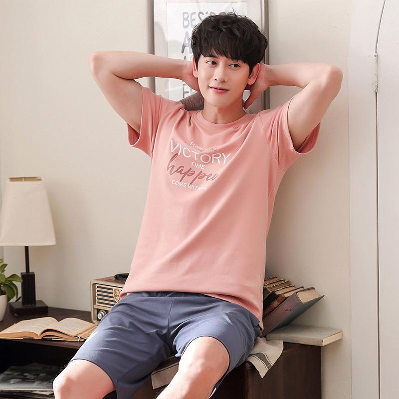 Изображение товара: Мужской новый летний хлопковый корейский пуловер, пижамы, повседневные шорты с короткими рукавами, тонкие мужские Пижамные наборы из двух предметов, пижамный комплект