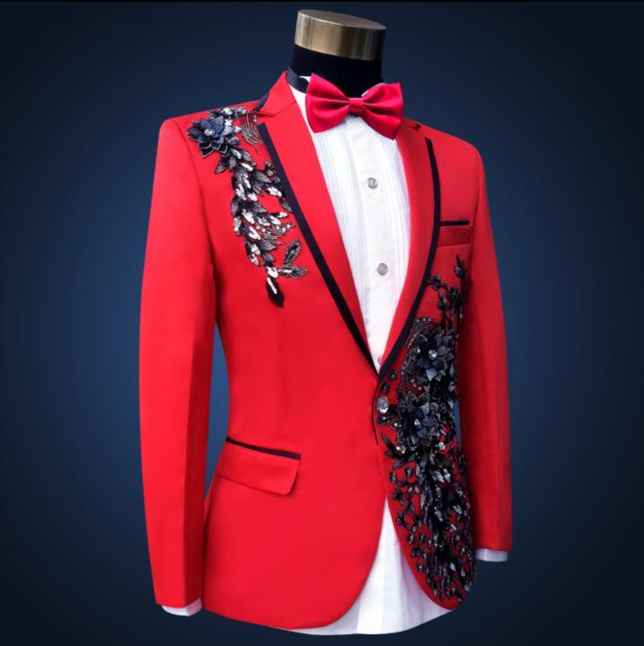 Изображение товара: Красный вышитый блёстки блейзер для мужчин жениха костюм набор брюки мужские свадебные костюмы певица звезда Стиль сцена trajes hombre формальное платье