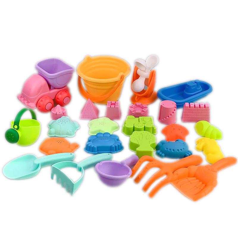 Изображение товара: Набор игрушек для детей из мягкого силикона, набор для песочницы, морской песок с ведром, грабли, песочные часы, водный стол, забавная форма-Лопатка, летняя игрушка