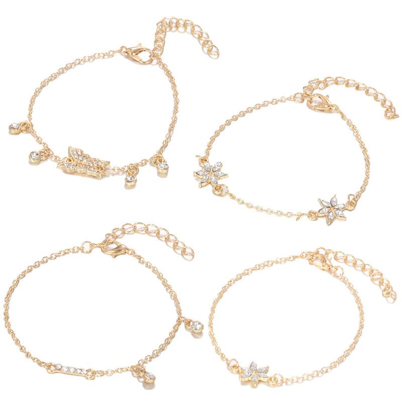 Изображение товара: 4 шт./компл., женский модный браслет с золотыми кристаллами, бабочками и цветами, очаровательные модные браслеты для женщин, ювелирные изделия