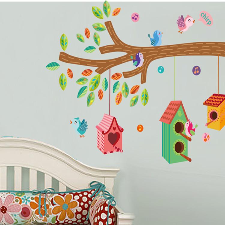 Изображение товара: Настенные Стикеры с птицами, Мультяшные клетки на дереве, милые птицы, домашний декор для детской комнаты, виниловые наклейки на стену из ПВХ, съемные