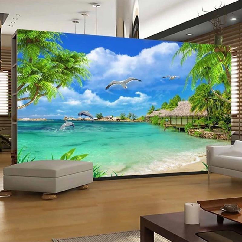 Изображение товара: Настенные 3D-обои на заказ, кокосовое дерево, морской пейзаж, настенная живопись, фоновая самоклеящаяся Водонепроницаемая наклейка для гостиной, телевизора, дивана