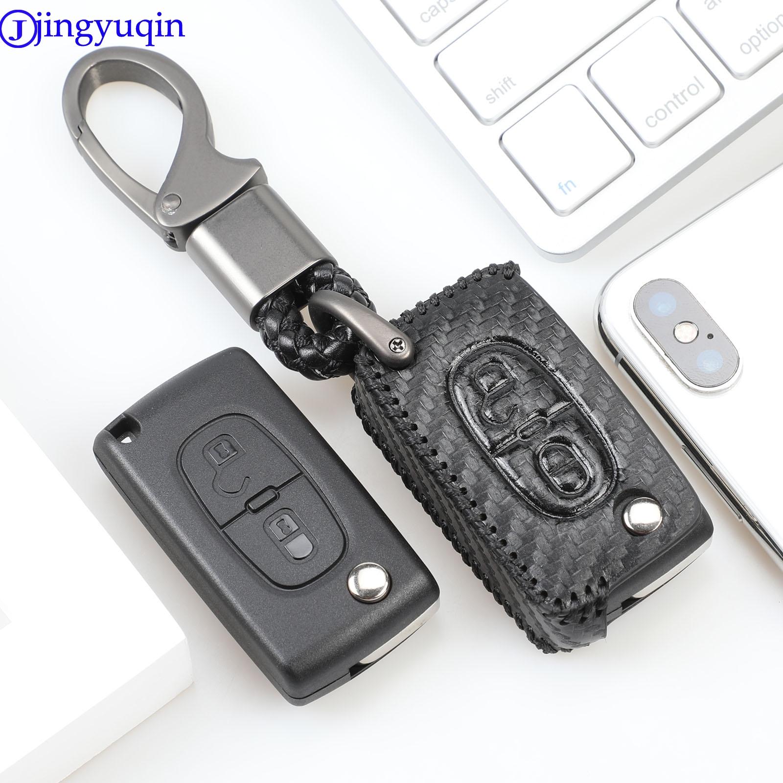 Изображение товара: Чехол для автомобильных ключей jingyuqin, кожаный карбоновый чехол 2B для PEUGEOT 207, 307, 308, 407, 408, для Citroen C3, C4, C4L, C5, C6