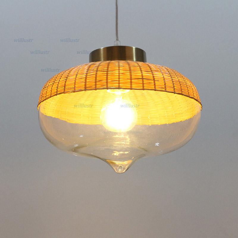 Изображение товара: Бамбуковый подвесной светильник ручной работы, стеклянный подвесной светильник, креативный вязаный подвесной светильник для ресторана, гостиницы, спальни, столовой