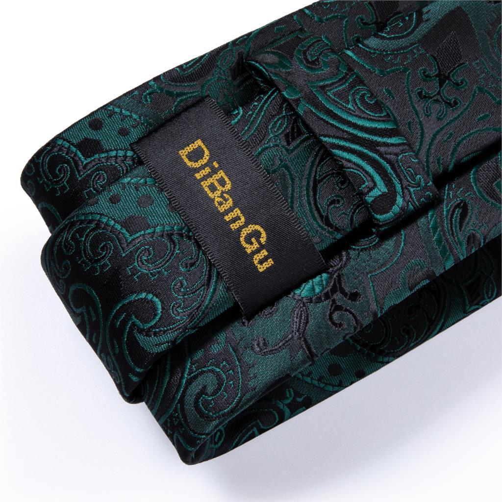 Изображение товара: Галстук мужской DiBanGu, зеленый, черный галстук с цветочным рисунком, дизайнерский комплект, платок, запонки, модный галстук для бизнеса, свадьбы, вечеринки, MJ-7177